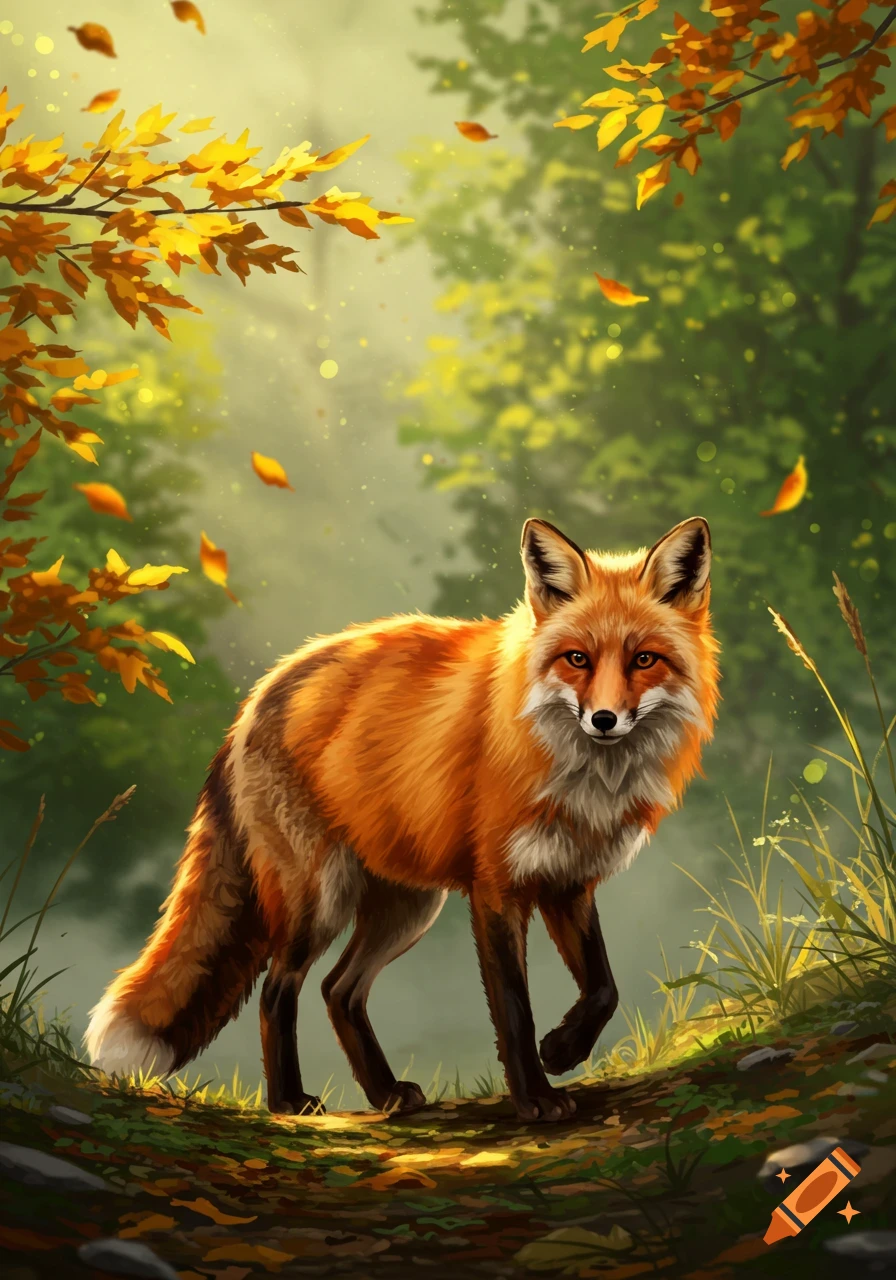 A red fox stands on a path in an autumn forest with bright yellow leaves on trees and falling around it.
