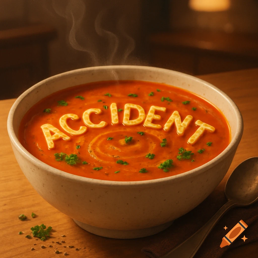 A steaming bowl of orange soup with alphabet pasta spelling 'ACCIDENT' on a wooden table, photorealistic.