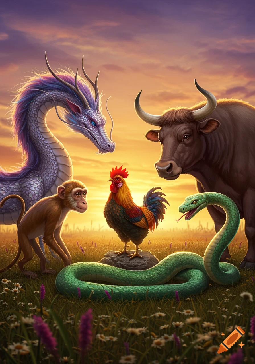 A vibrant illustration of a majestic dragon, a playful monkey, a proud rooster, a strong ox, and a slithering snake standing in a golden field at sunset.
