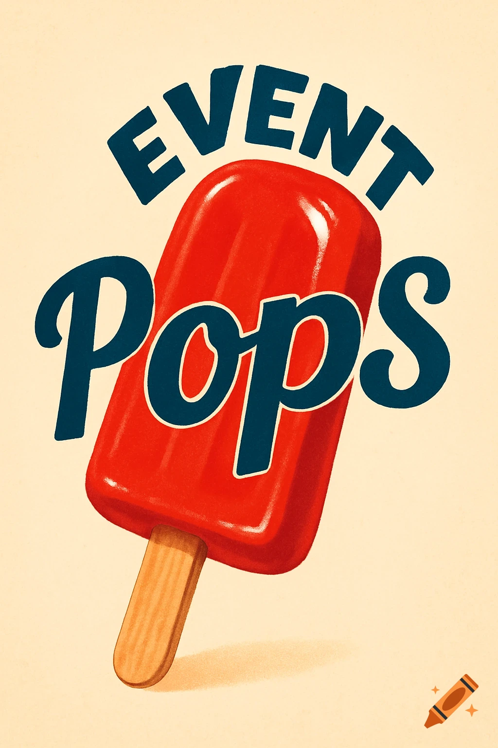 A vibrant red popsicle with a wooden stick, featuring bold, dark blue text that reads 'EVENT Pops' in a retro style on a cream background.