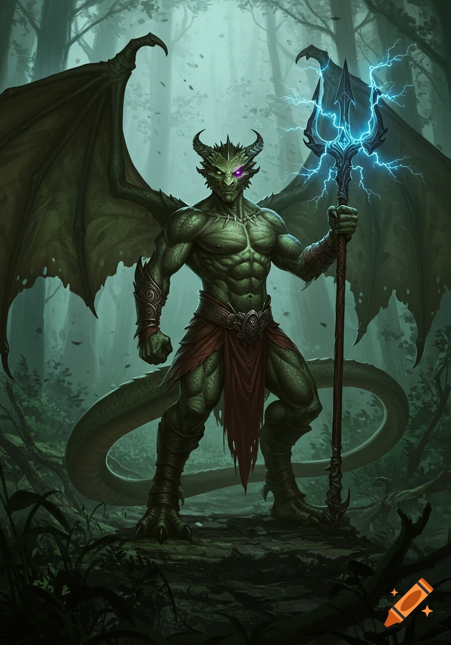 A muscular, green, winged dragon-born creature with one purple eye stands in a dark forest, holding a glowing electric trident.