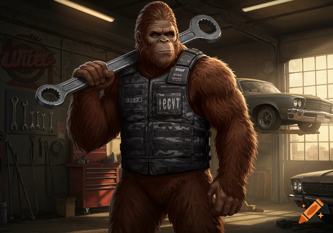 Bigfoot, a large, furry ape-like creature, stands in a mechanic's garage holding a giant wrench over his shoulder. He wears a tactical vest, with classic cars and tools in the background.