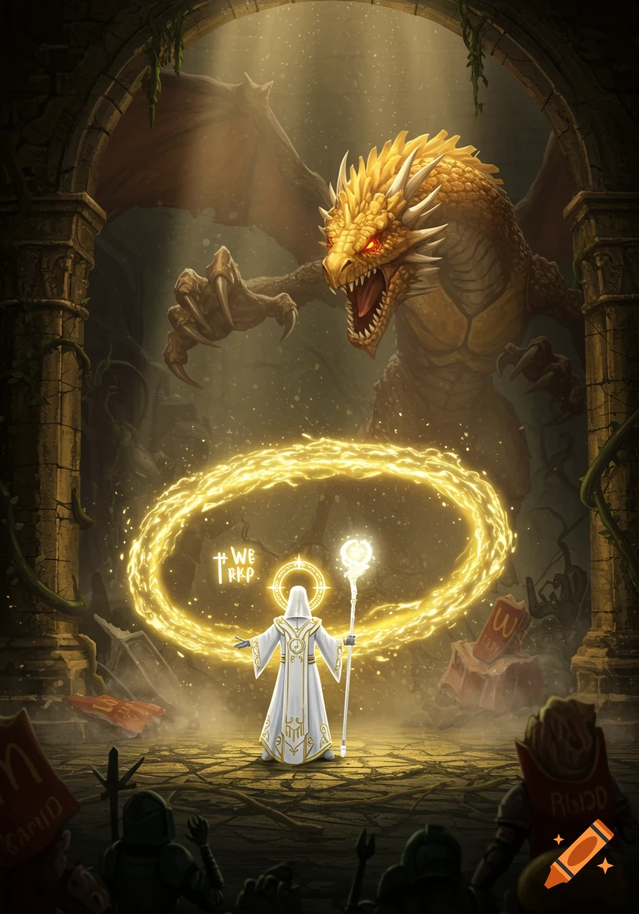 A white-robed mage casting a golden magical barrier against a large golden dragon in a ruined dungeon, with fast food debris scattered.