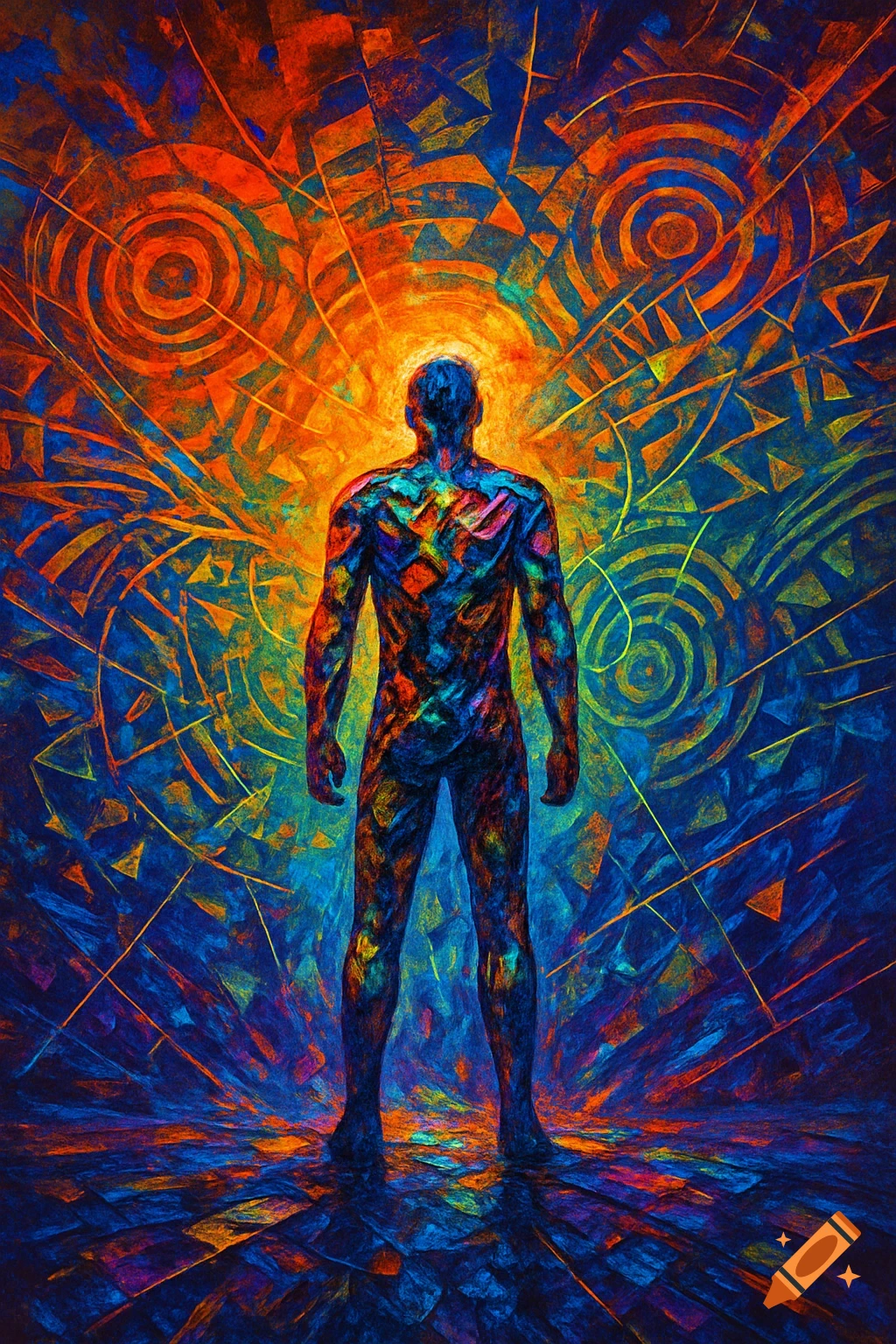 A vibrant, abstract rendering of a person's back, standing amidst colorful fractured light and geometric patterns.
