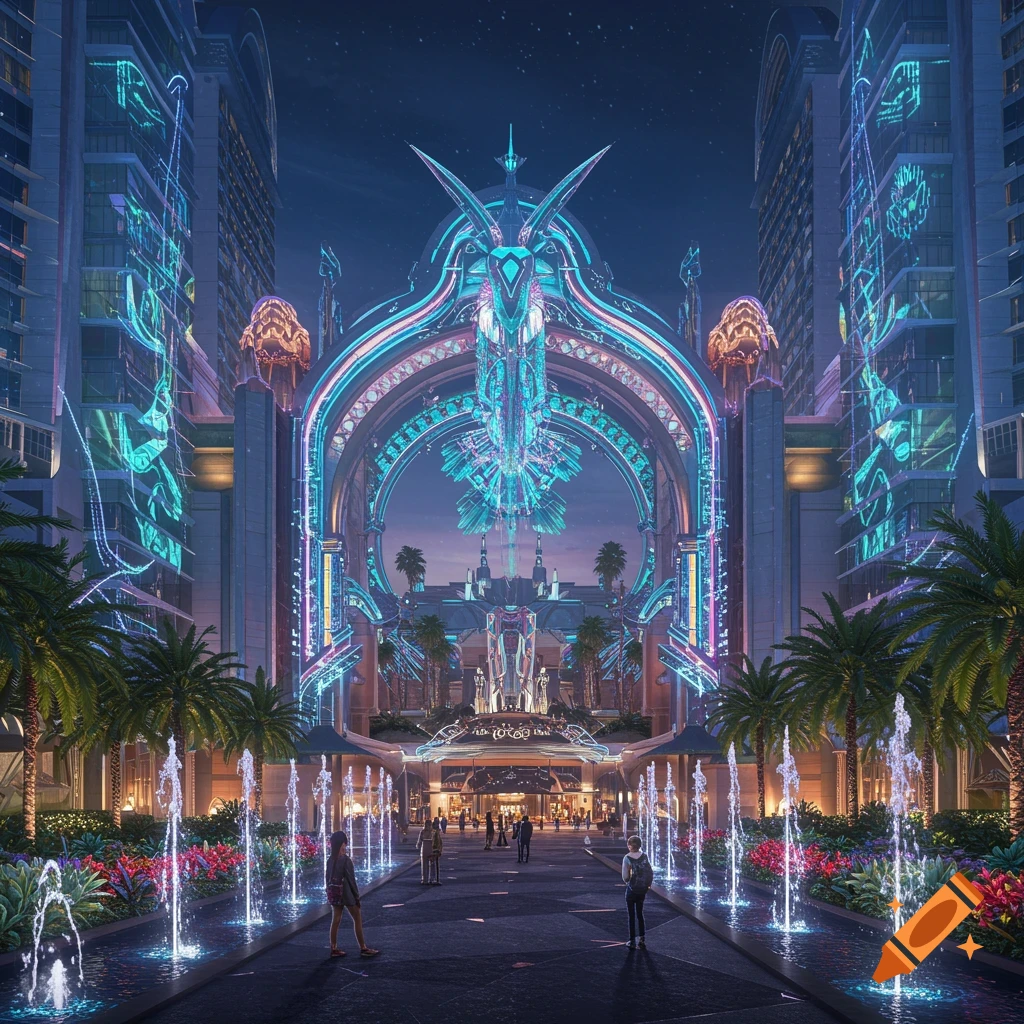 Photorealistic night view of a futuristic resort entrance with neon lights, fountains, and palm trees.