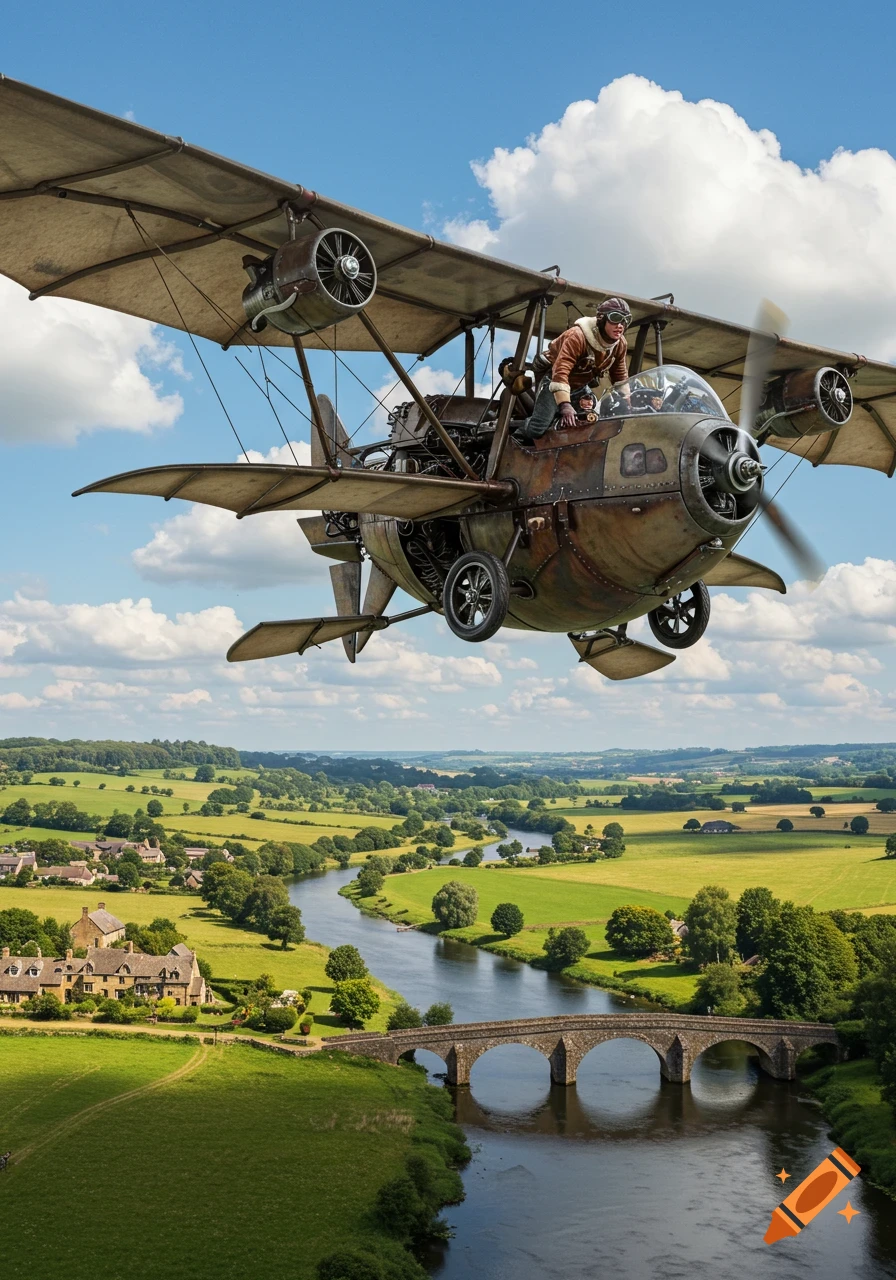 A photorealistic image of a steampunk-style biplane flying over a green valley with a river, bridge, and village. A pilot looks out.