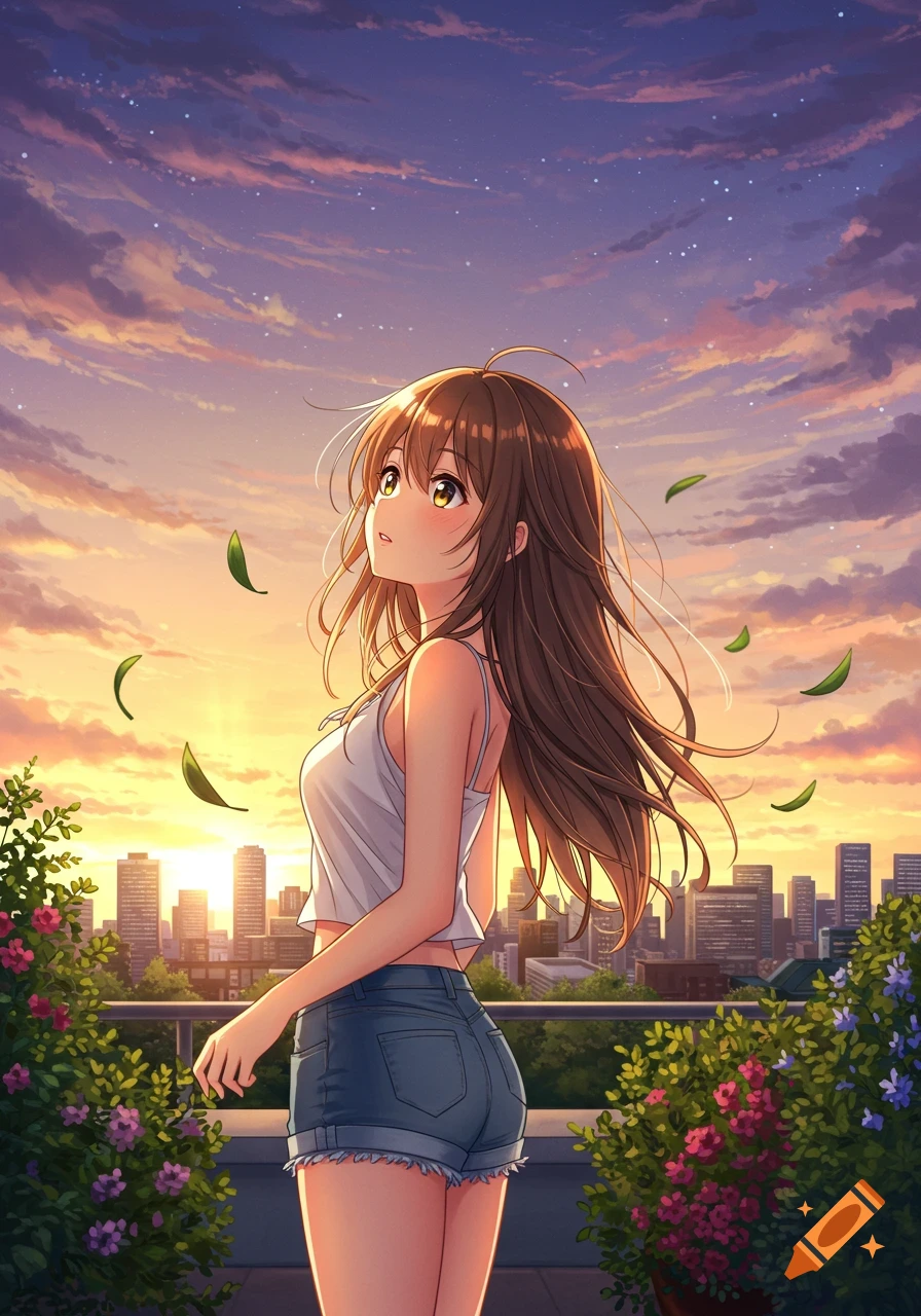 Anime girl with brown hair in a tank top and shorts looking up at a sunset over a city.