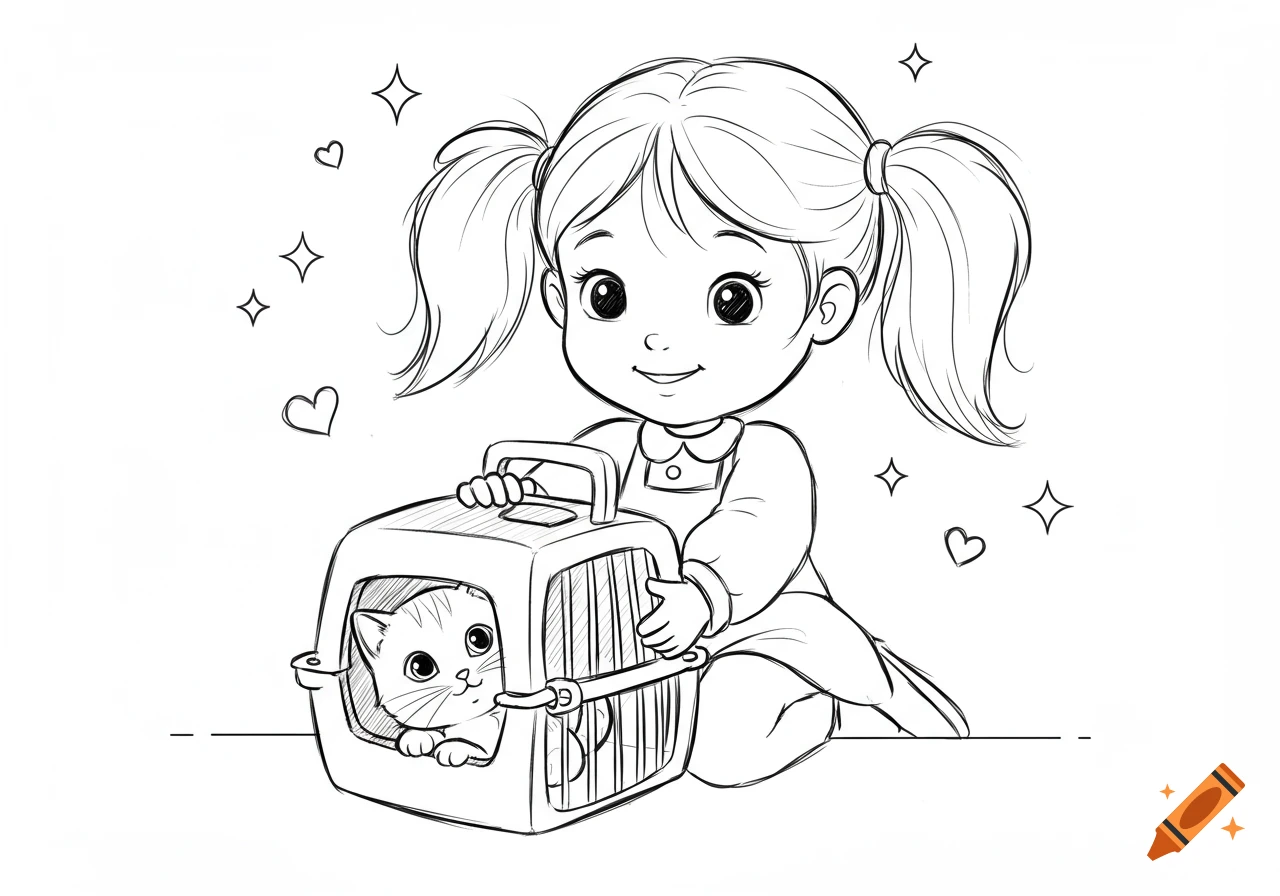 Black and white line drawing for a coloring book of a smiling girl holding a pet carrier with a kitten inside.