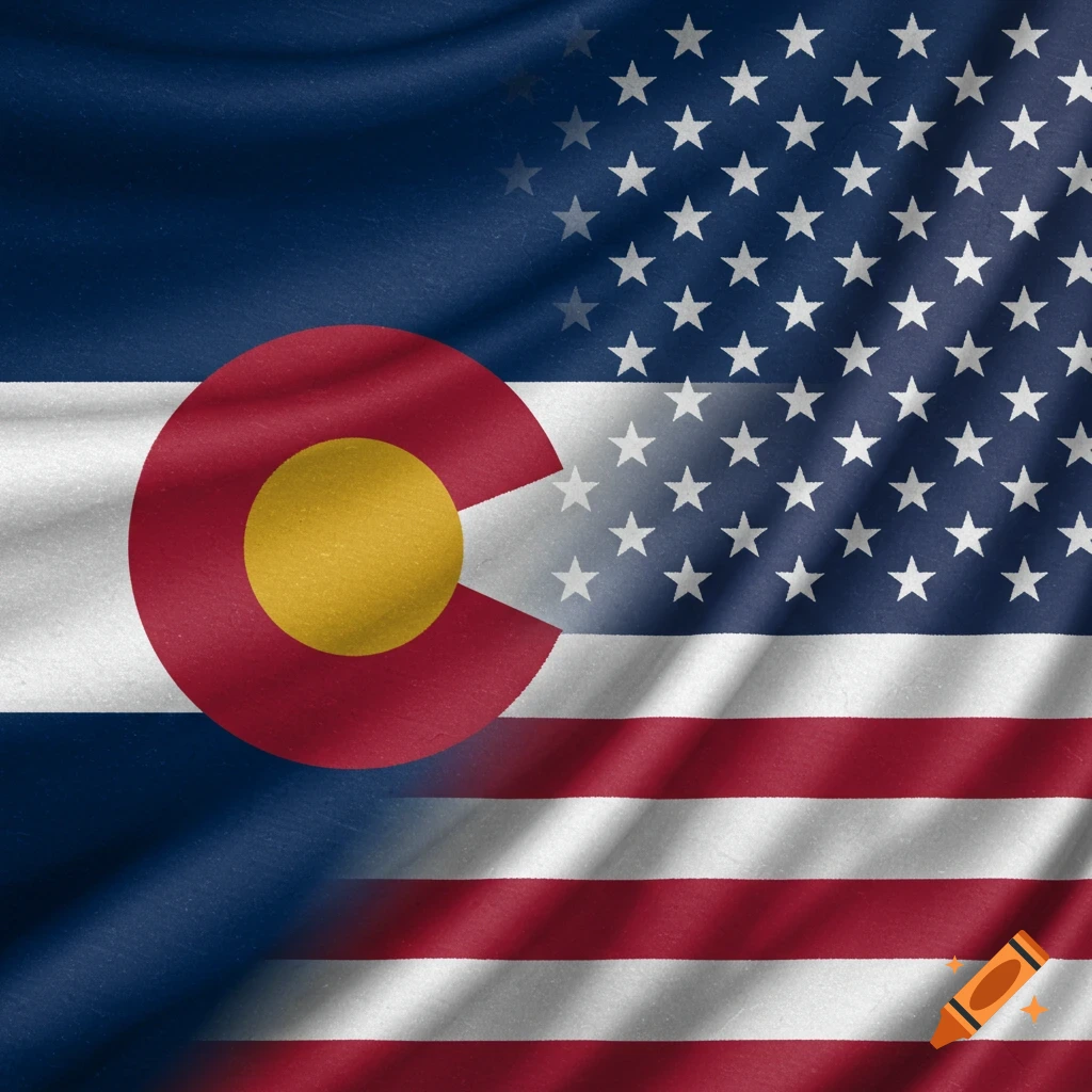 Split image of the textured Colorado state flag on the left and the United States flag on the right.