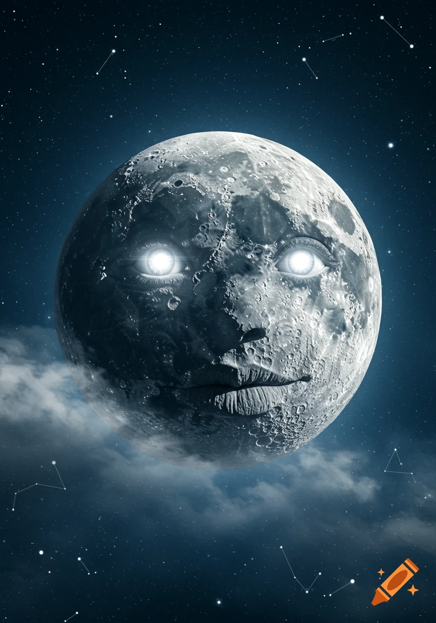 A surreal, photorealistic moon with glowing eyes and a large mouth, floating in a starry night sky with clouds.