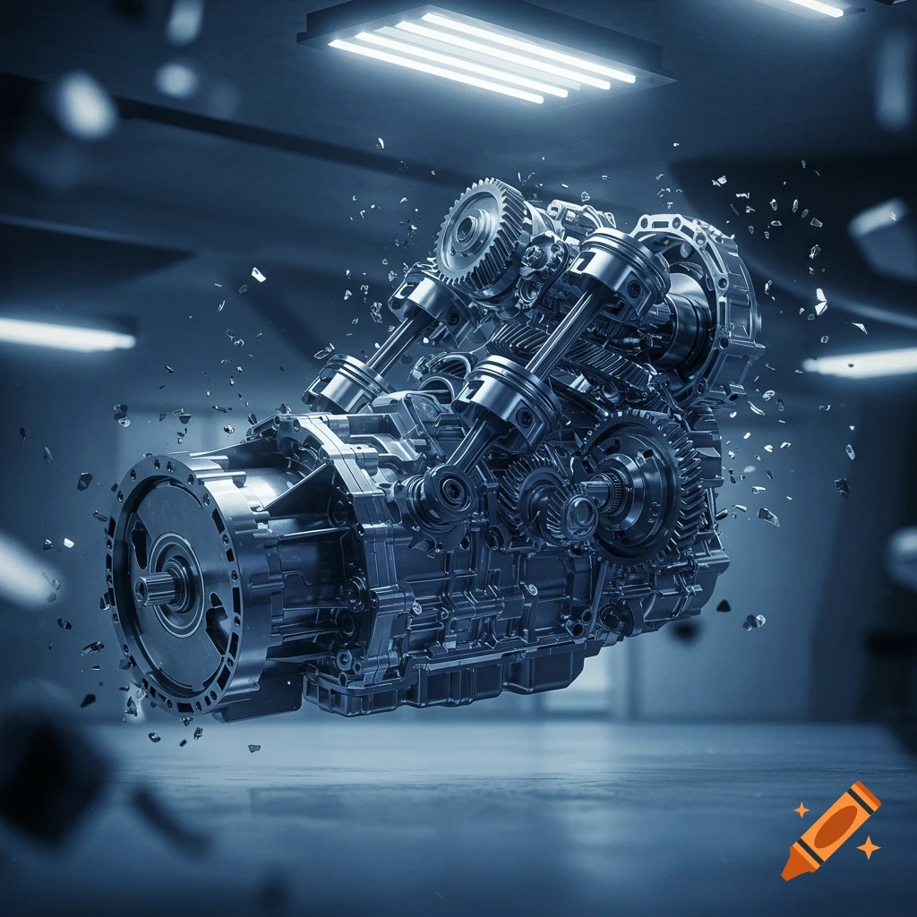 An exploded view of a metallic car engine and transmission, with pistons and gears exposed, floating in a dark, blue-lit garage with debris.