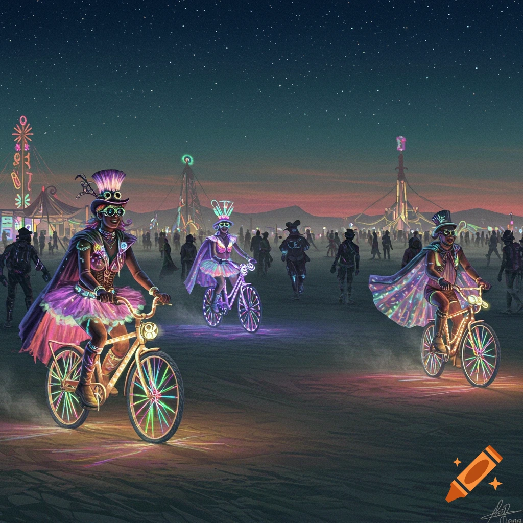 People on glowing bicycles with funky outfits at a nighttime desert festival under a starry sky.
