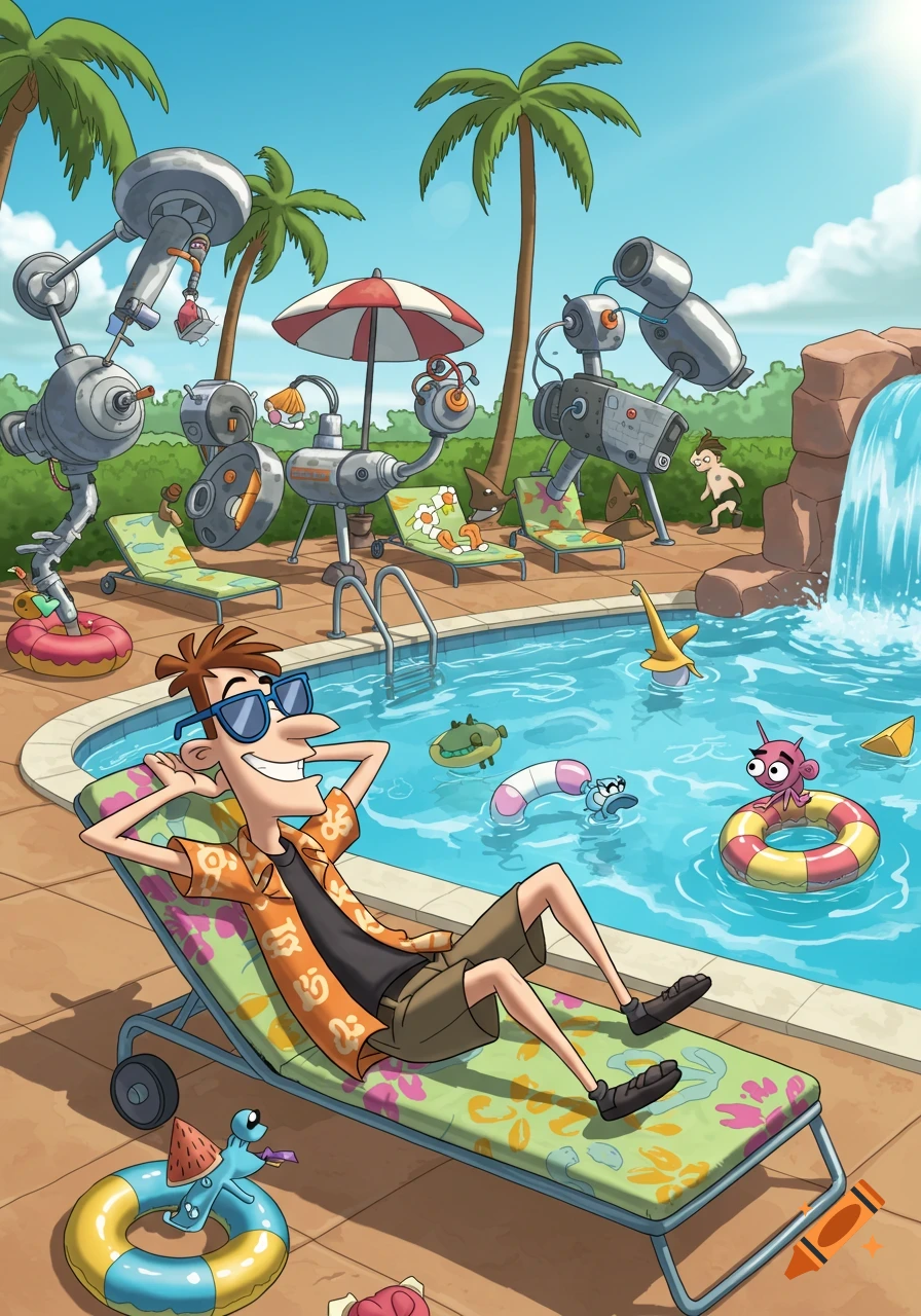 Dr. Doofenshmirtz relaxes on a lounge chair by a pool, surrounded by quirky robots and cartoon creatures enjoying the water on a sunny day.