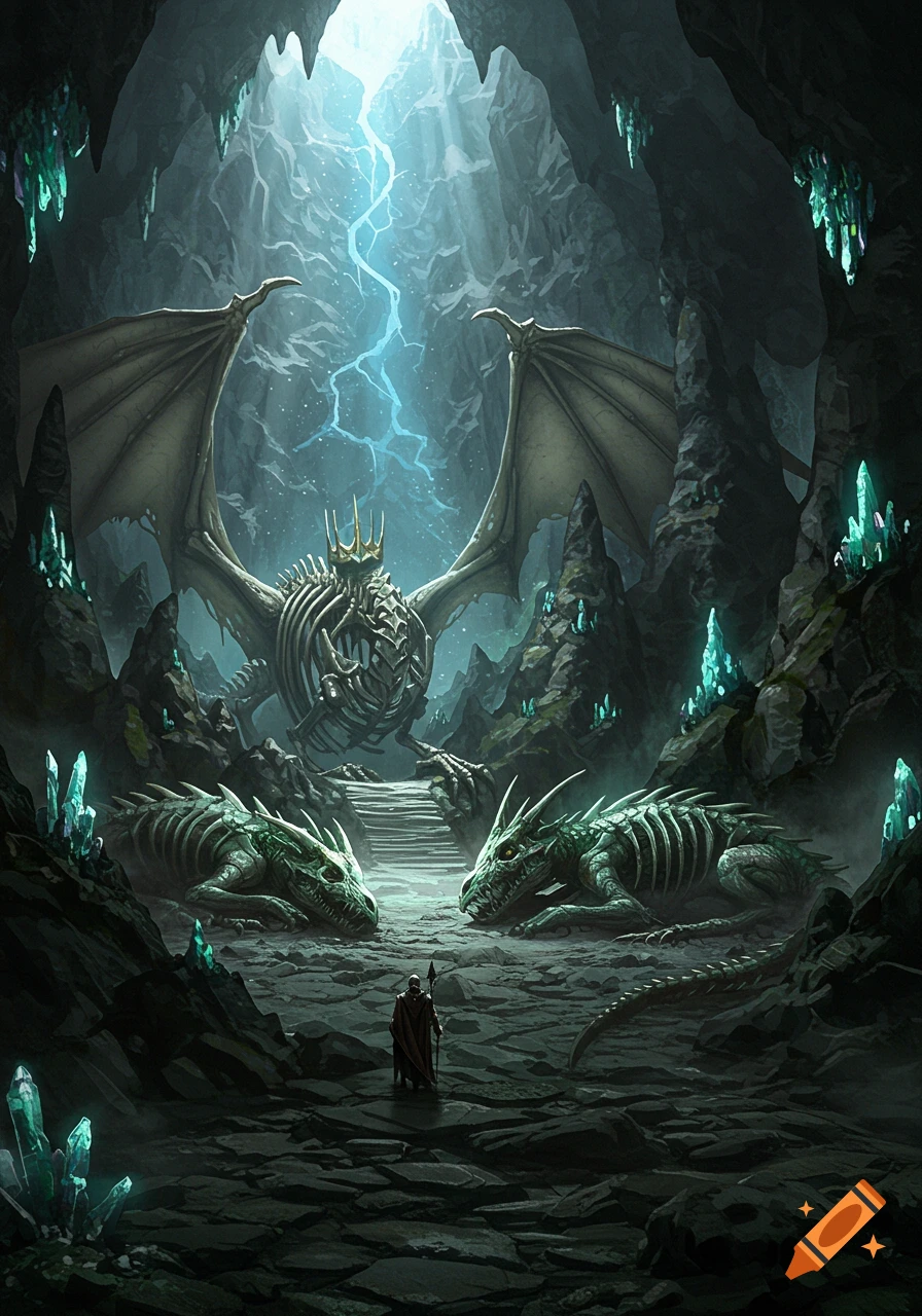 A robed figure stands in a dark fantasy cave, illuminated by a light beam, facing a huge crowned skeleton dragon on steps with two smaller skeleton dragons.