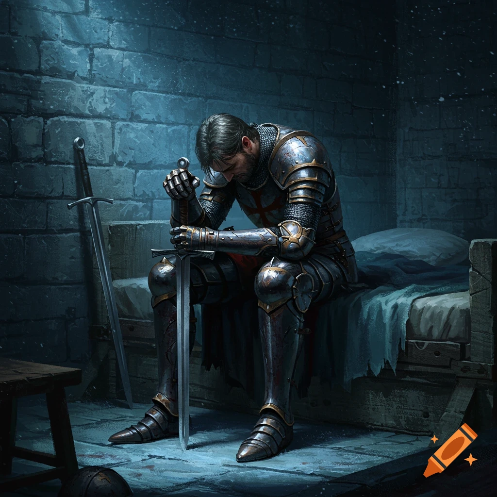 A melancholic medieval knight in full armor sits on a bed, head bowed, holding a sword in a dimly lit stone room, painterly style.