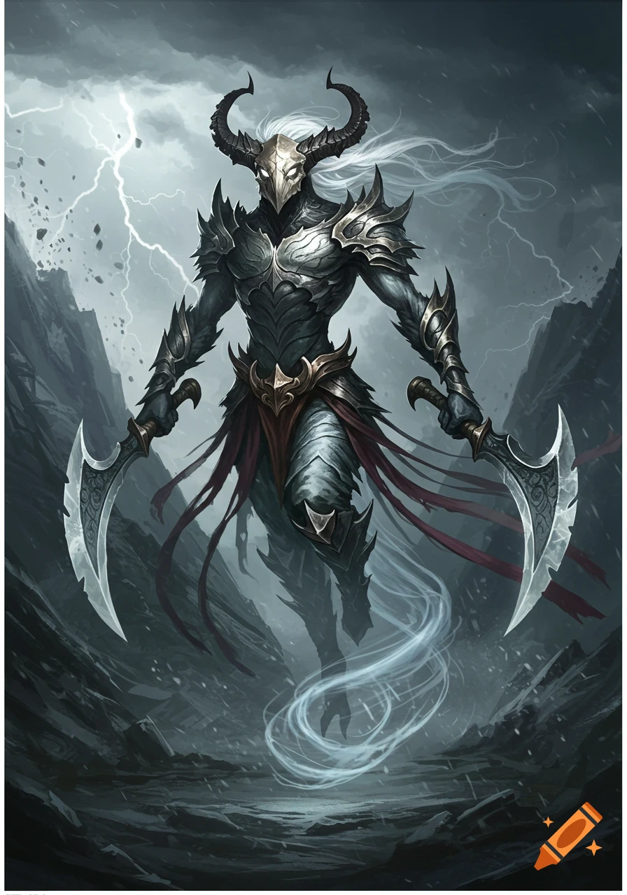 A demonic warrior in dark armor with a horned skull mask holds twin scimitars, levitating in a stormy mountain landscape.