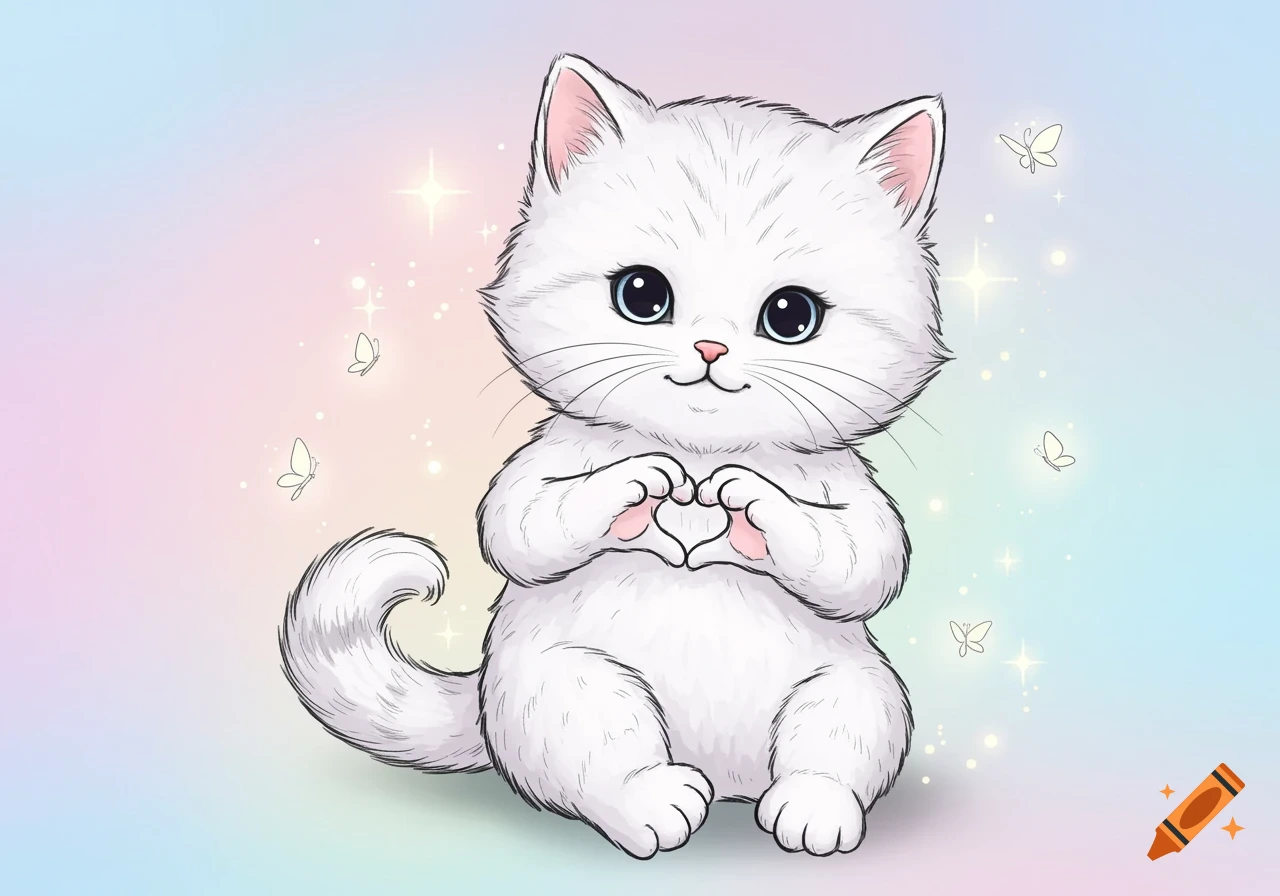 A cute white cartoon cat with big blue eyes makes a heart shape with its paws on a pastel rainbow background.