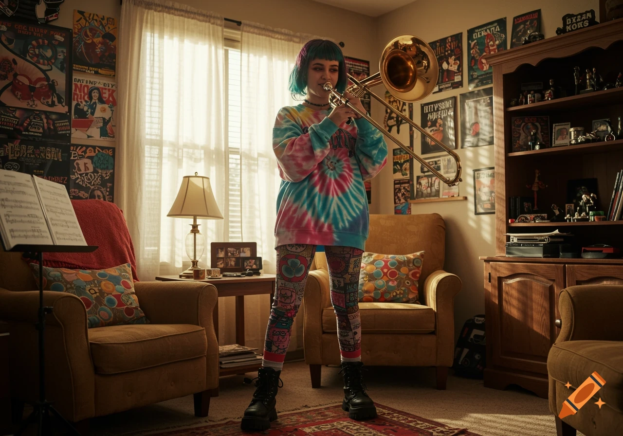 A college-age girl with blue hair in a tie-dye sweatshirt and patterned leggings practices a trombone in a cozy, poster-filled room.