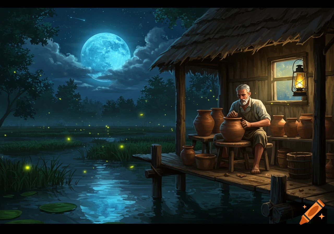 A grizzled potter works on a clay pot by lamplight in a rustic shack on a moonlit swamp with fireflies.