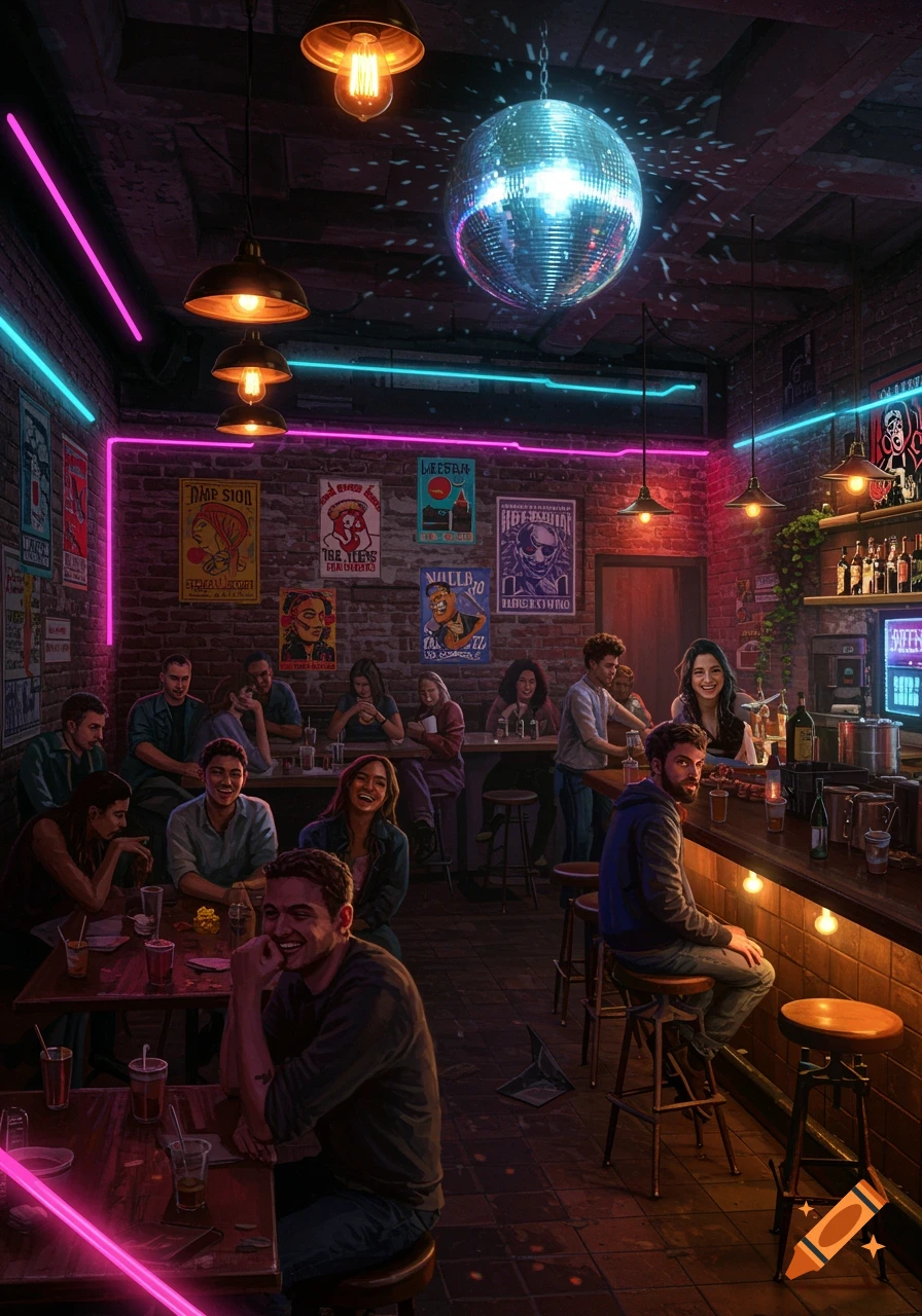 People laughing and socializing at a lively bar with neon lights, hanging lamps, a disco ball, and brick walls.