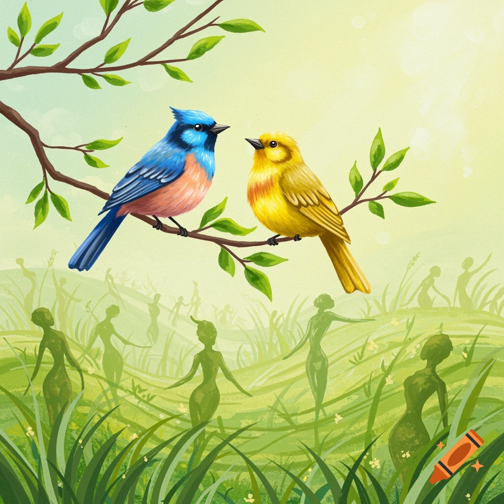 Two vibrant songbirds perched on a tree branch, overlooking a green field with subtle, abstract human body shapes. Hand-painted style.