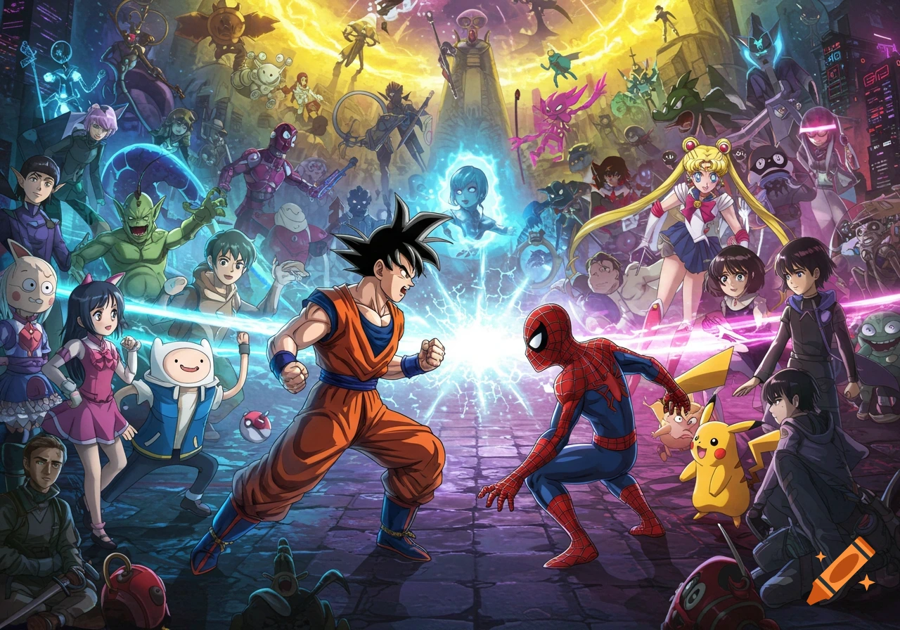 Goku and Spider-Man confront each other in a dynamic multiverse crossover artwork filled with numerous anime and cartoon characters under a vibrant sky.
