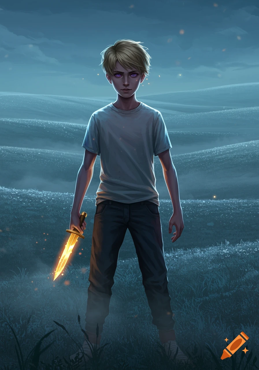 A slim boy with blond hair and glowing purple eyes stands in a misty field at night, holding a glowing golden knife, in a digital illustration.