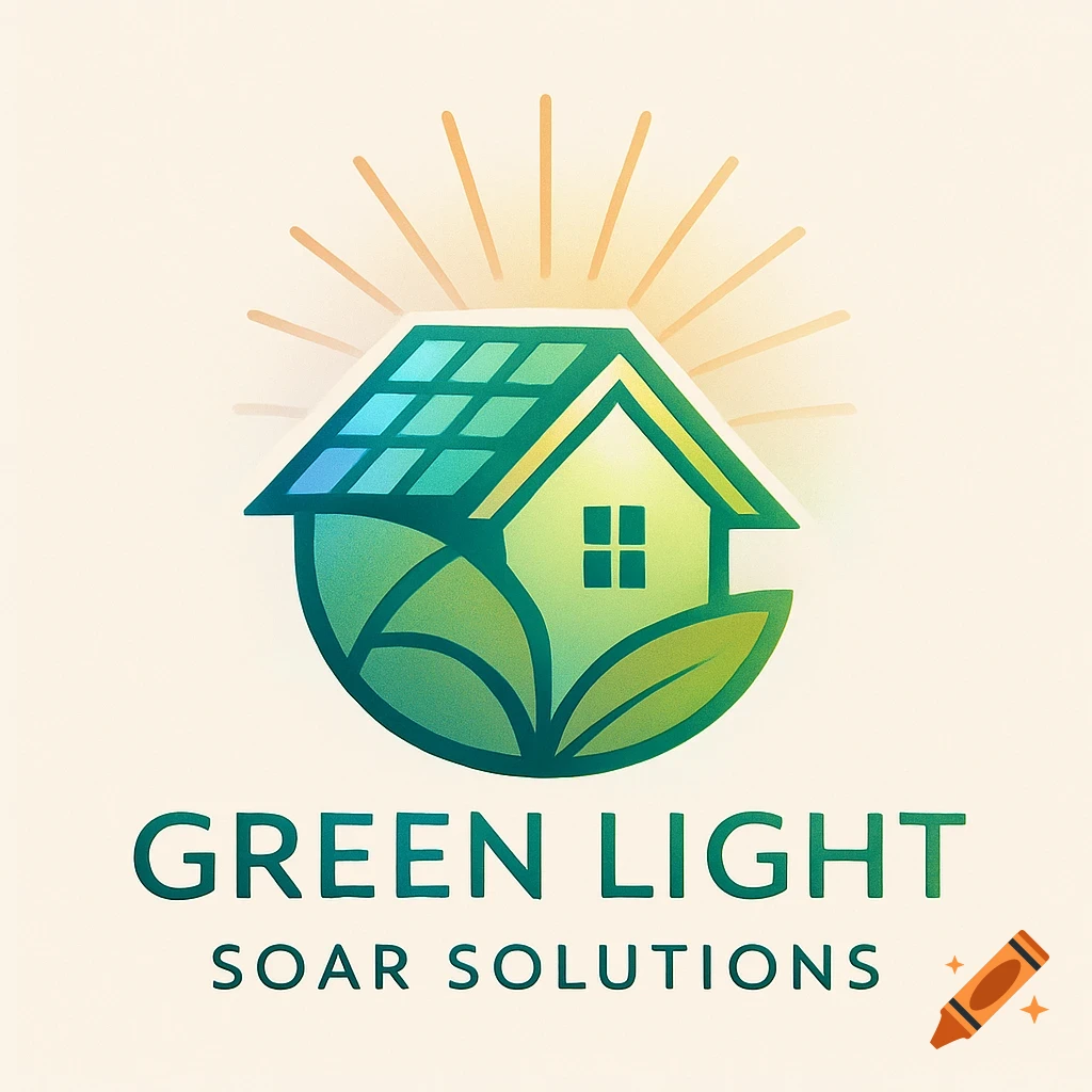 A logo of a green house with solar panels, leaves, and sun rays. Text below reads 'GREEN LIGHT SOAR SOLUTIONS'.