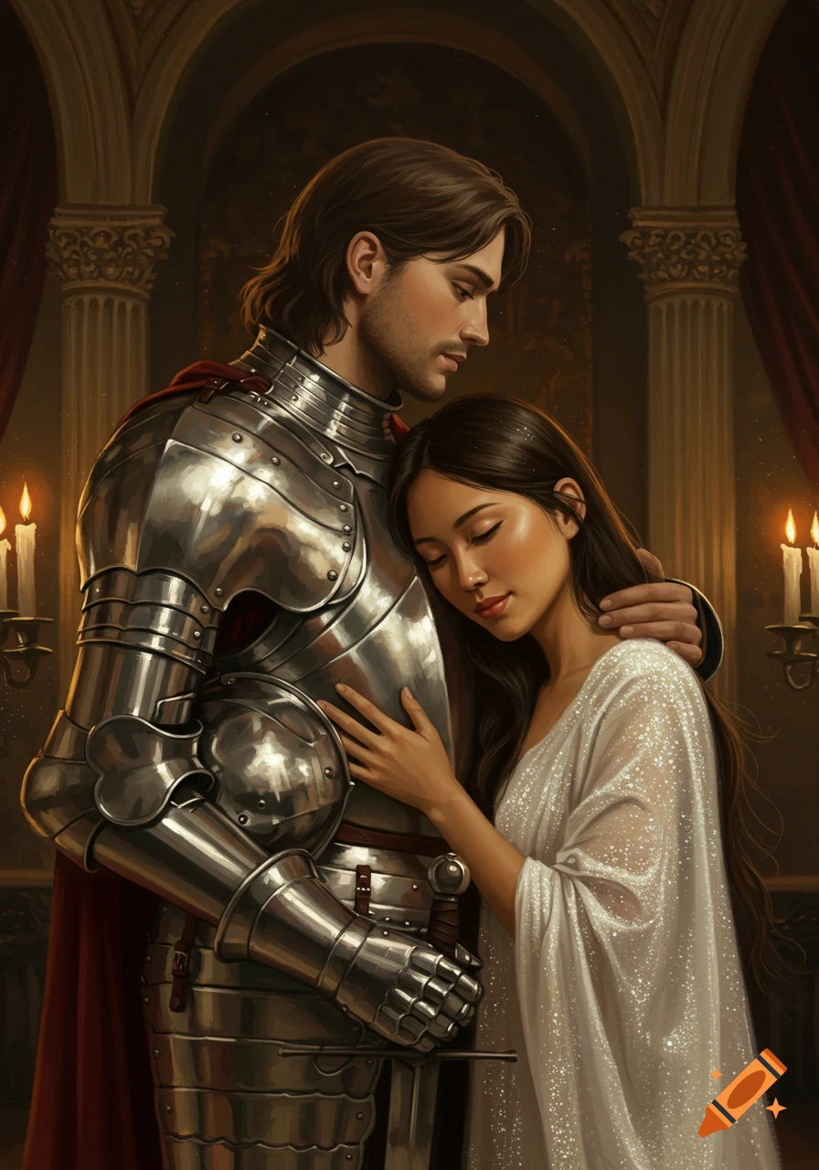 A knight in shining armor embracing a girl in a sparkling white dress, painted in a baroque style with candlelight.