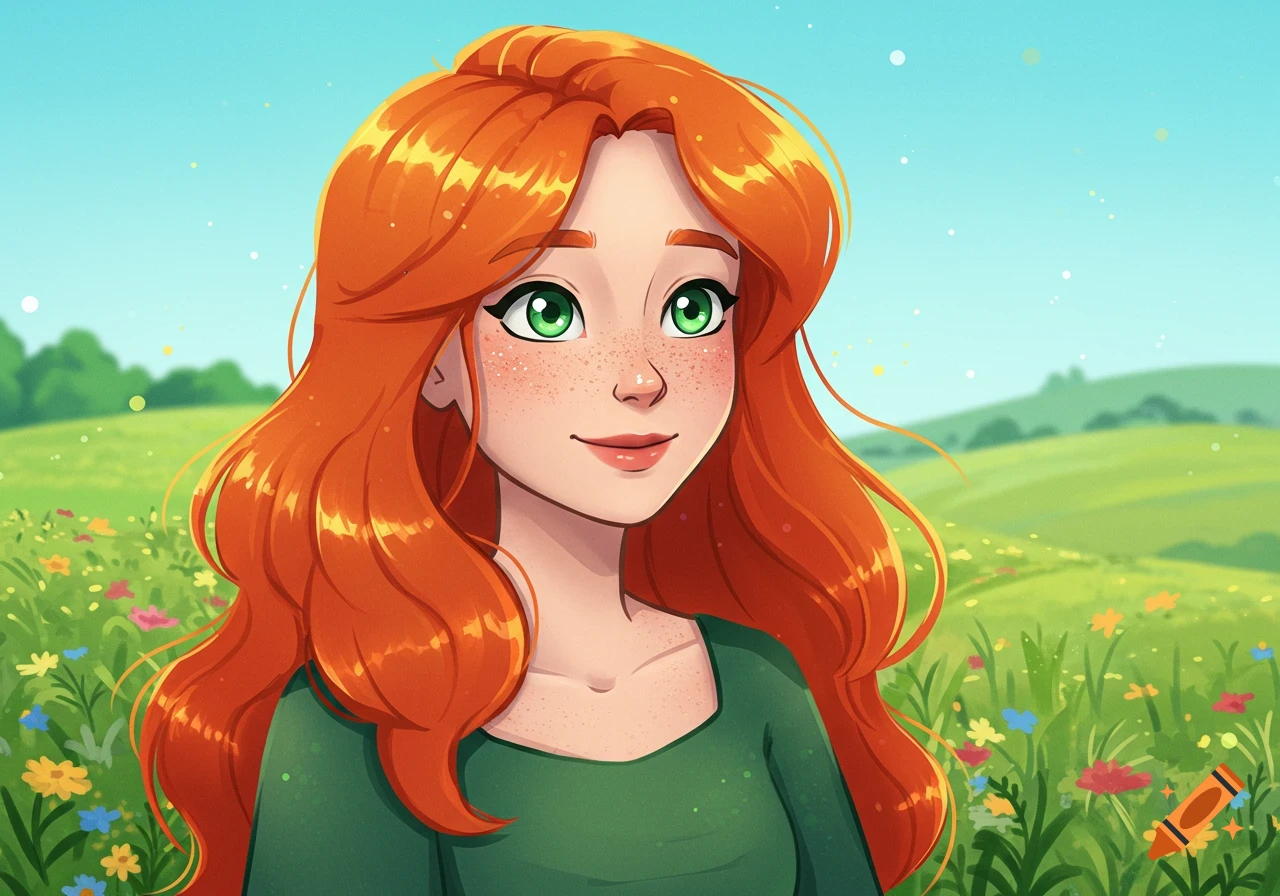 A cartoon portrait of a smiling woman with long red hair, green eyes, and freckles in a sunlit field of flowers.