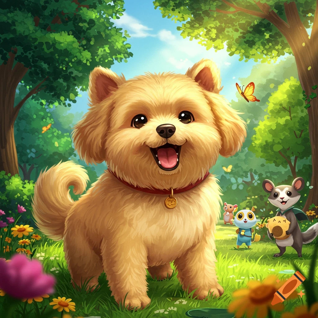 A happy, fluffy golden cartoon dog smiles in a sunny forest clearing surrounded by colorful flowers and small cartoon animals.