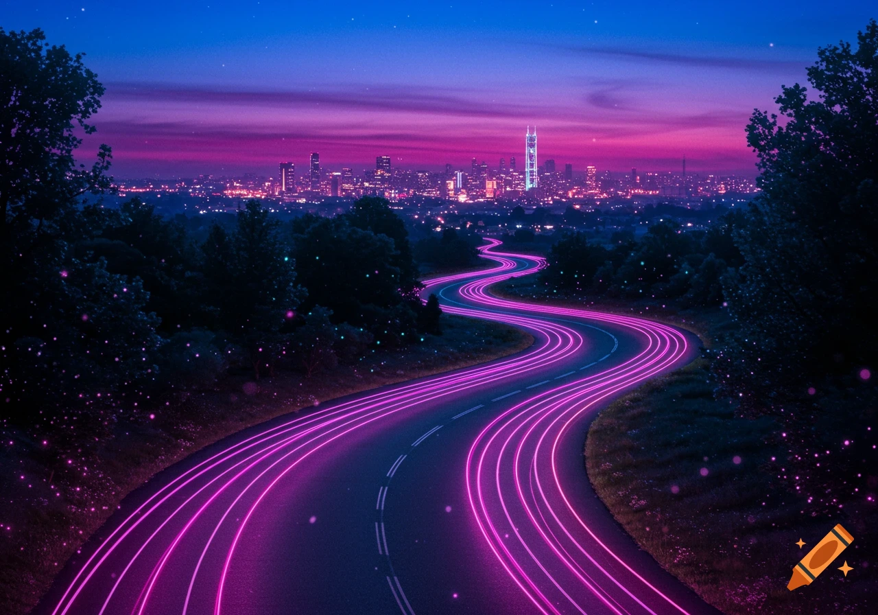 A winding road with glowing neon purple light trails leading towards a vibrant city skyline at dusk under a purple and blue sky.