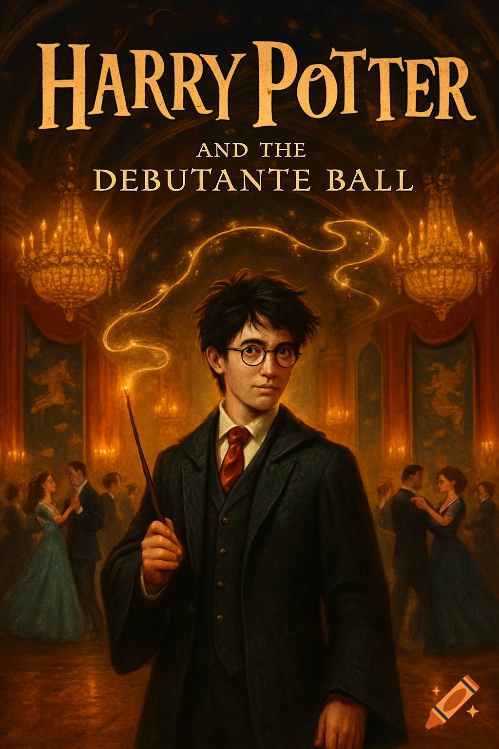 Harry Potter holds a glowing wand at a debutante ball in a book cover illustration.