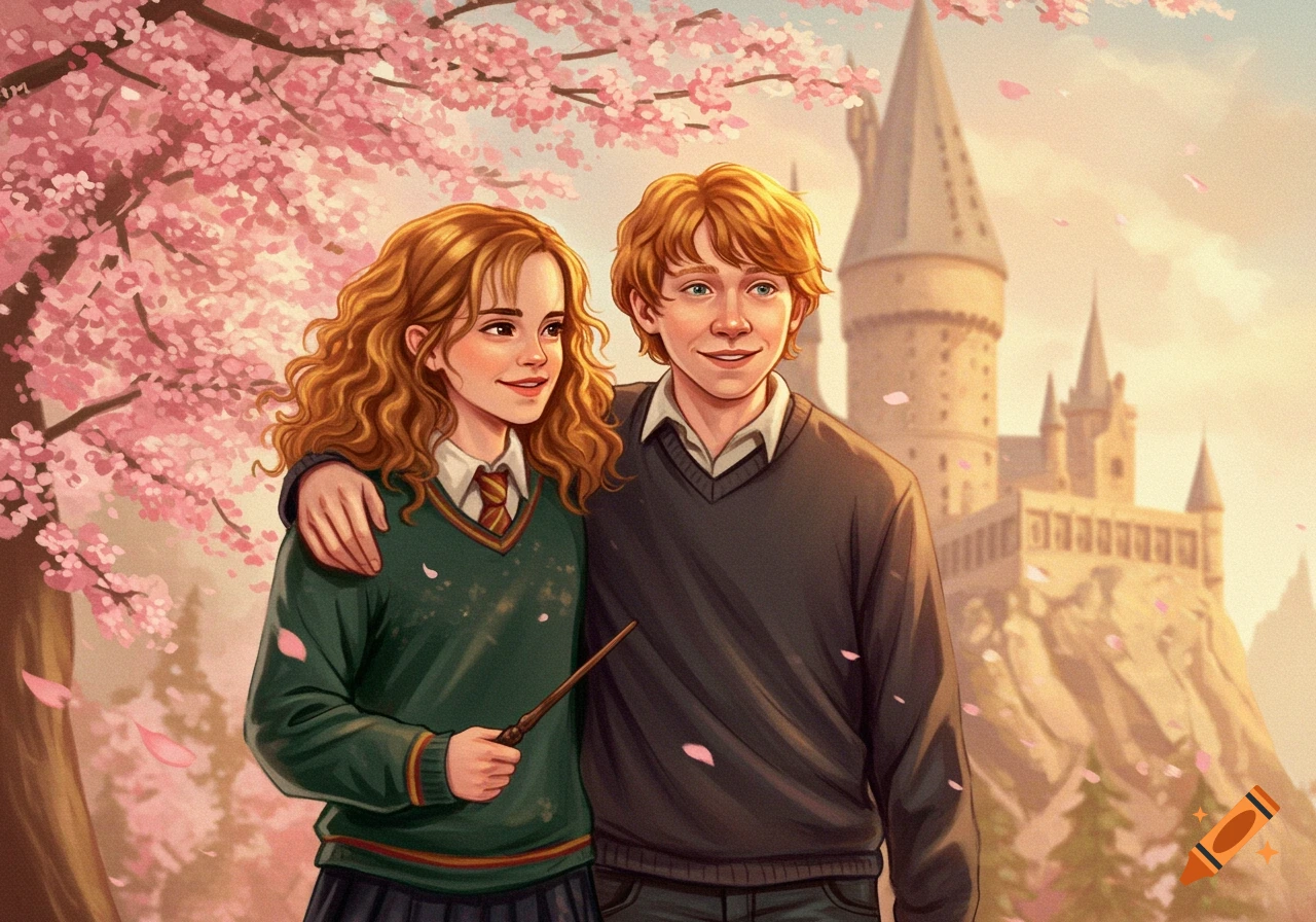 Illustrated depiction of Ron Weasley with his arm around Hermione Granger, who holds a wand, standing under a cherry blossom tree with Hogwarts in the background.