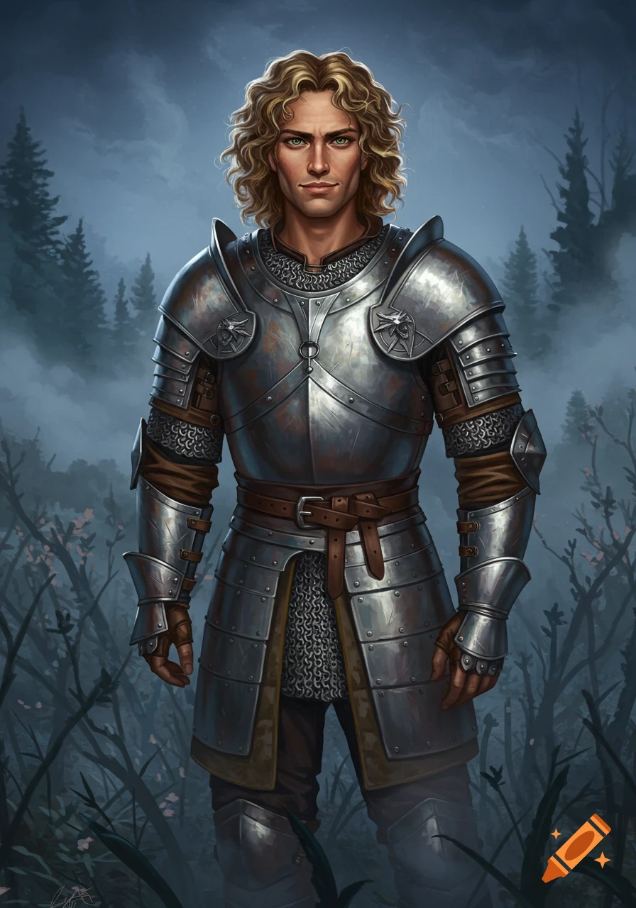 A detailed full-body portrait of a handsome male knight with curly blonde hair and green eyes, wearing intricate chainmail armor, standing in a misty fantasy forest.
