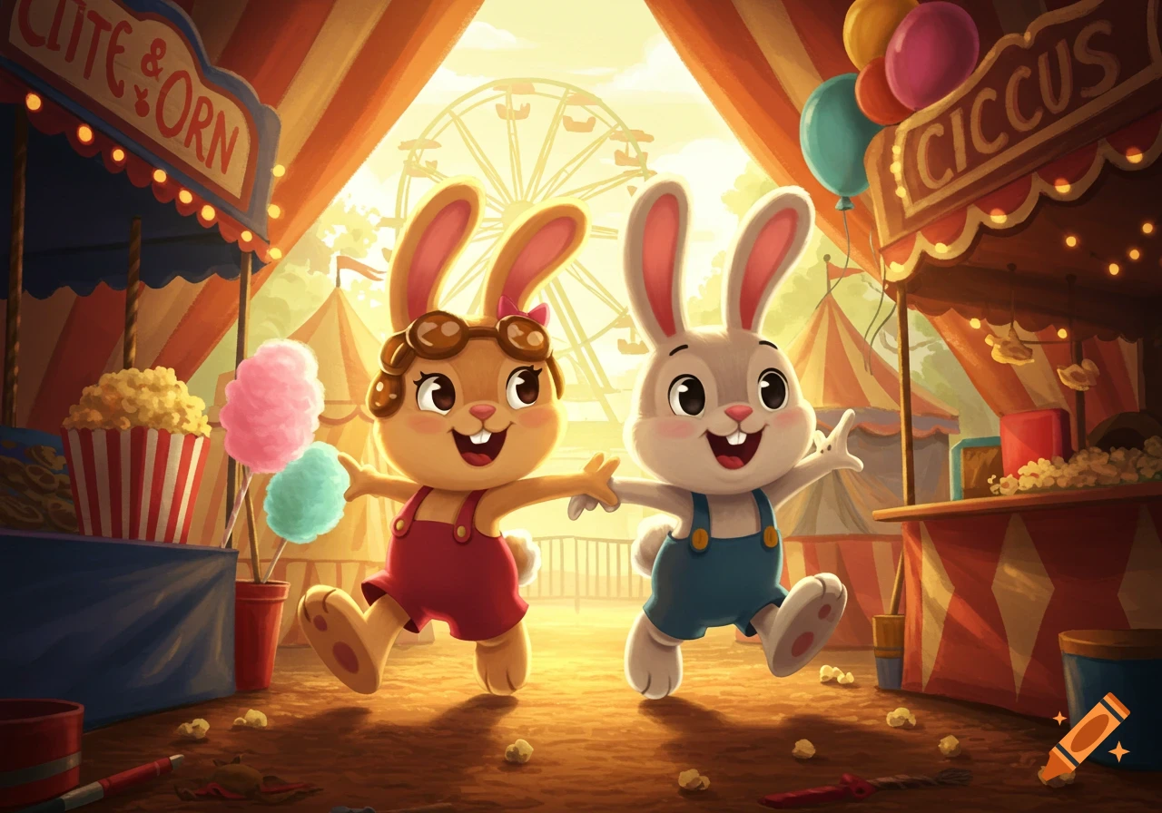 Two cheerful cartoon bunnies in overalls skipping through a vibrant carnival with popcorn, cotton candy, and a Ferris wheel.