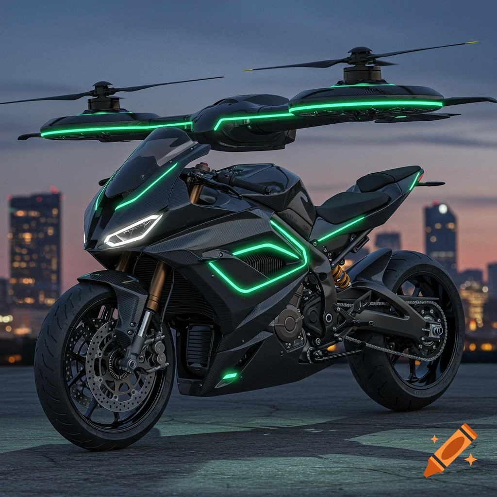 A sleek black futuristic electric motorcycle with green neon lights transforms into a VTOL aircraft with rotors, set against a city skyline at dusk.