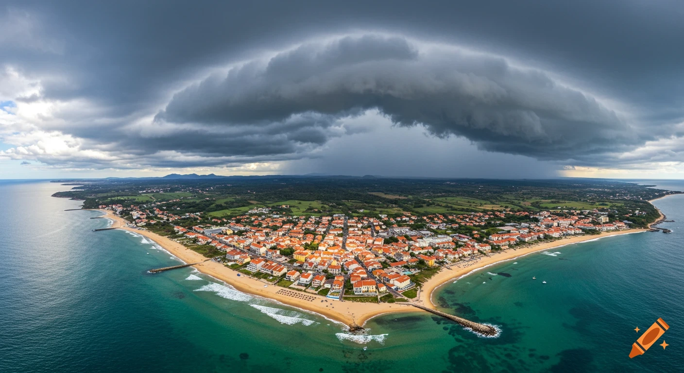 Aerial view of a small coastal town with red-roofed buildings nestled between two sandy beaches, with dark storm clouds looming overhead.