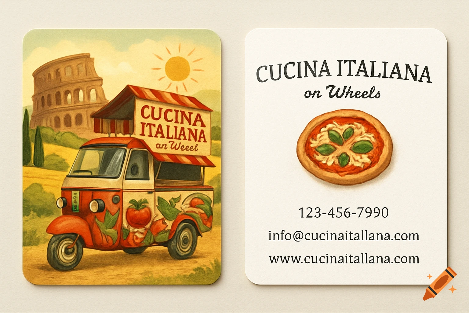 An illustrated business card for an Italian food truck. The left side shows a small orange food truck with "CUCINA ITALIANA an Weeell" on its sign, against a backdrop of the Colosseum. The right side is white with "CUCINA ITALIANA on Wheels", a pizza, and contact details.