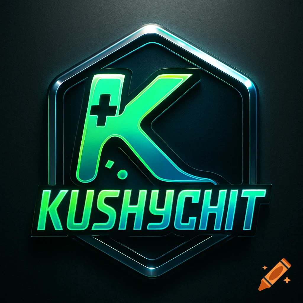 A glowing green and blue metallic hexagonal logo featuring a large 'K' with a gamepad icon, and the text 'KUSHYCHIT' below it on a dark background.