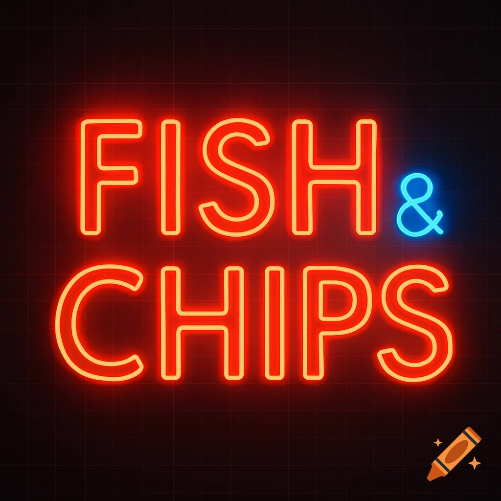 A red and blue neon sign for 'FISH & CHIPS' on a dark background.