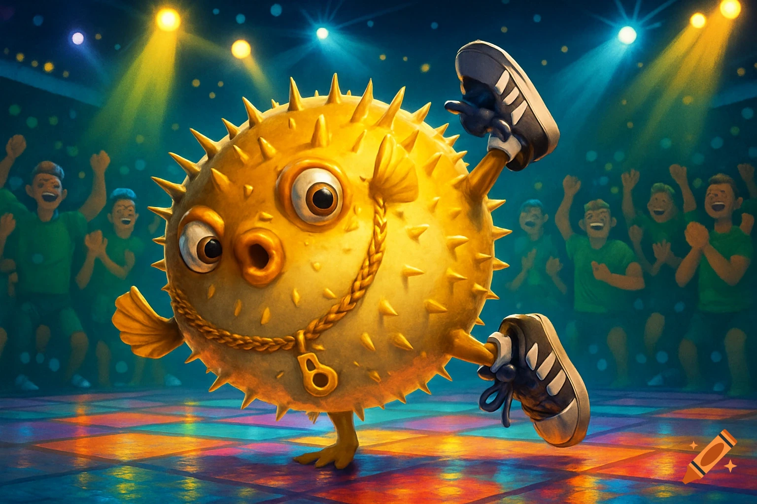 A cartoon pufferfish wearing sneakers and a gold chain breakdances on a colorful disco floor, cheered by a crowd.
