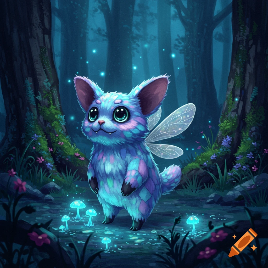 A cute, fluffy blue and purple fairy creature with large eyes stands in a dark magical forest with glowing mushrooms and fireflies.