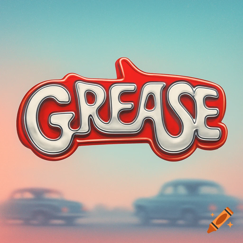 The "Grease" movie logo, rendered in a shiny chrome-like font with a red outline, against a retro background with blurred classic cars.