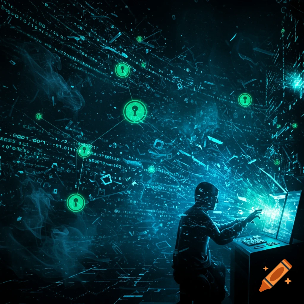 A hooded figure works on a glowing computer surrounded by digital data streams, binary code, and green padlock icons, depicting network security.