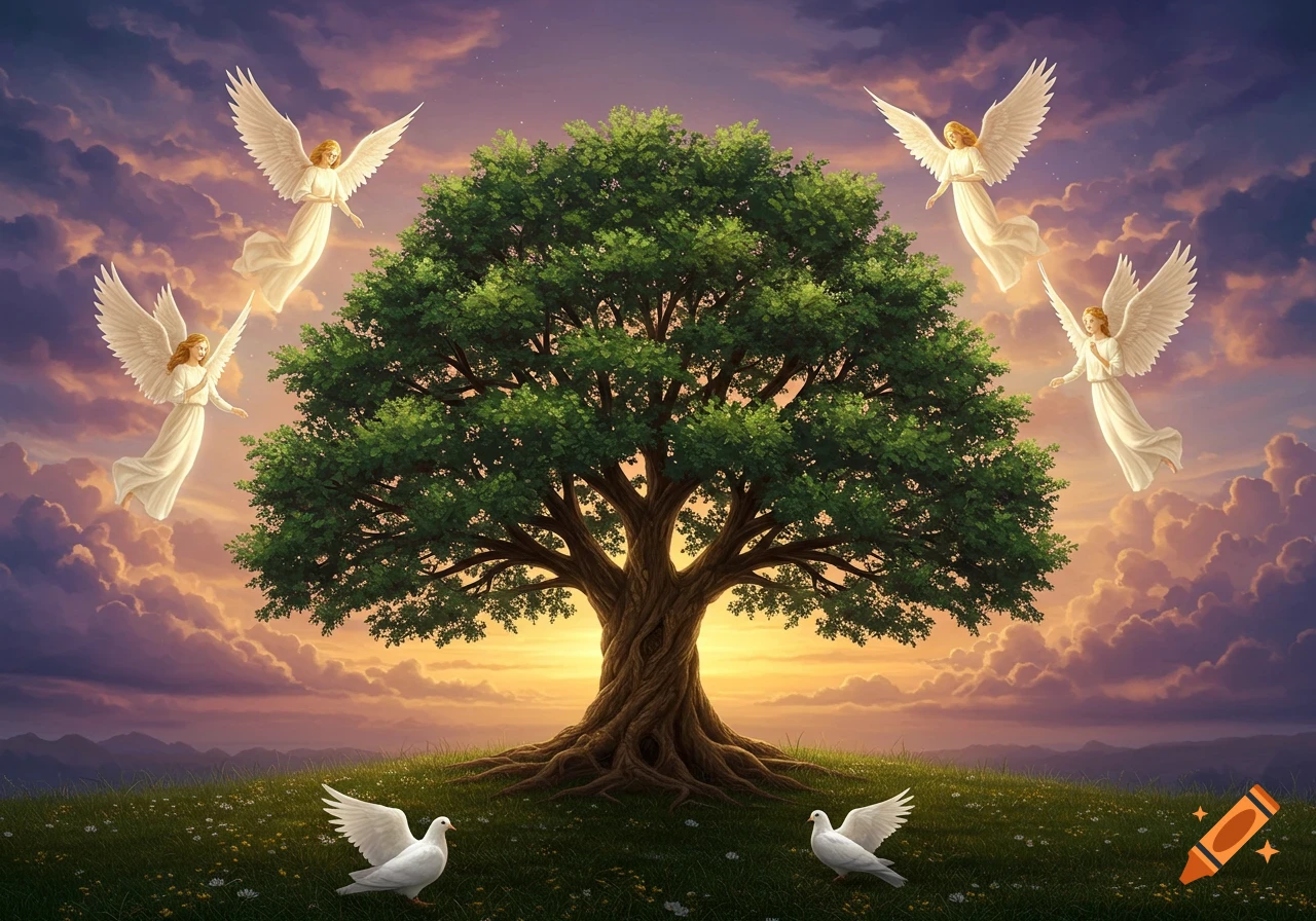 A majestic tree on a grassy hill with two doves, under a dramatic purple and orange sunset sky with four flying angels.