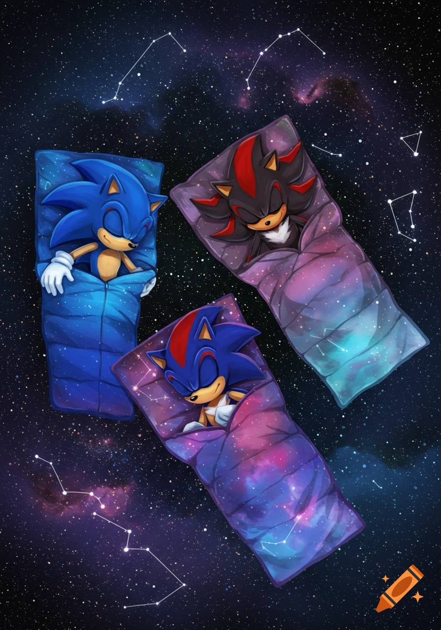 Sonic, Shadow, and Silver sleeping in galaxy-themed sleeping bags floating in space among constellations.