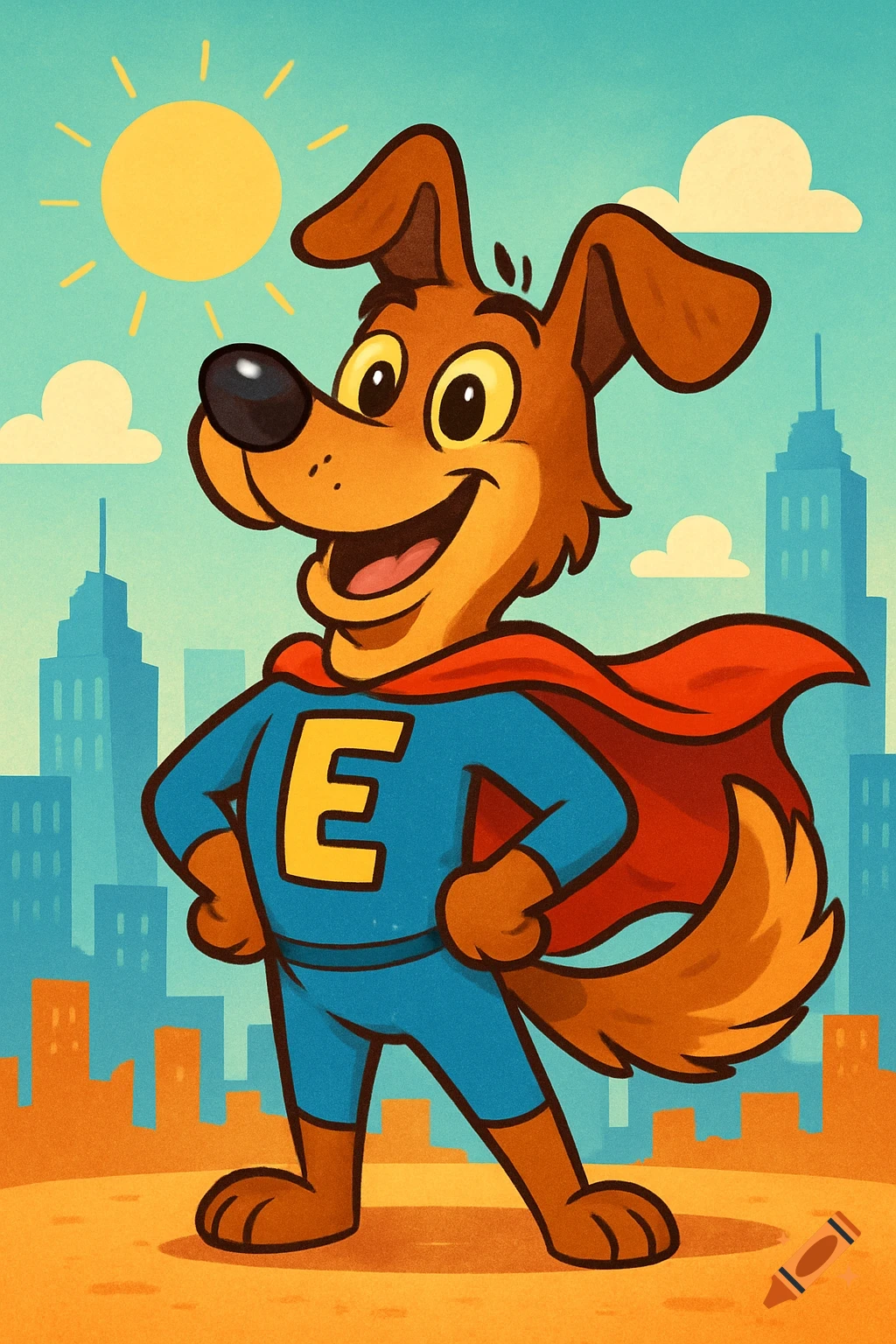 A smiling cartoon dog superhero in a blue suit with a red cape and a yellow 'E' on his chest, standing in front of a city skyline on a sunny day.