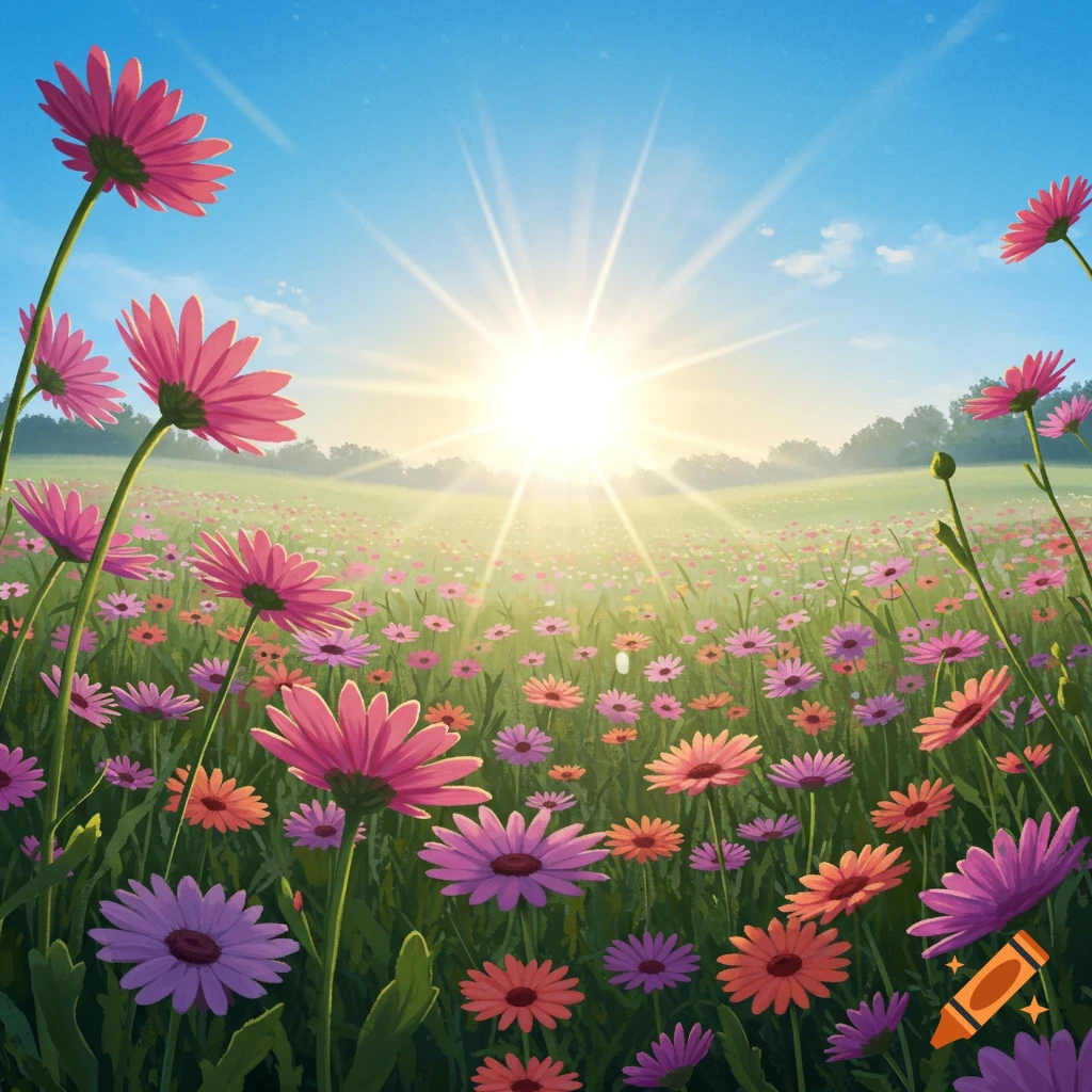 A vibrant field of pink, purple, and orange daisies facing a bright sun under a clear blue sky.