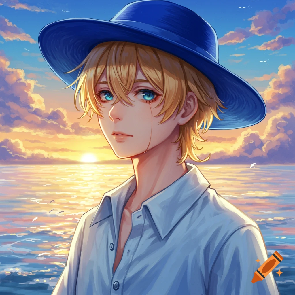 An anime boy with blonde hair and blue eyes, wearing a blue hat and white shirt, stands looking towards the viewer against a vibrant sunset over the ocean.